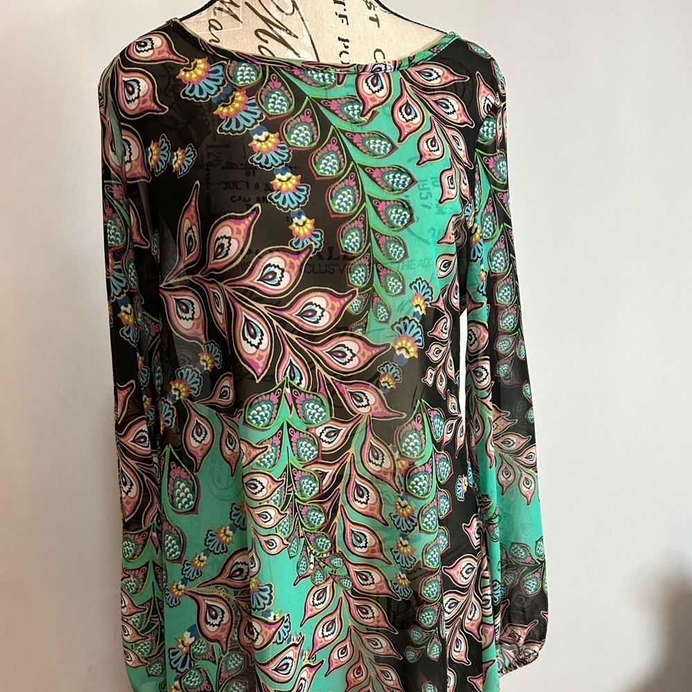 Hello Miss Blue and Green Bishop Sleeve See-Through Dress/ Bathing suit cover up